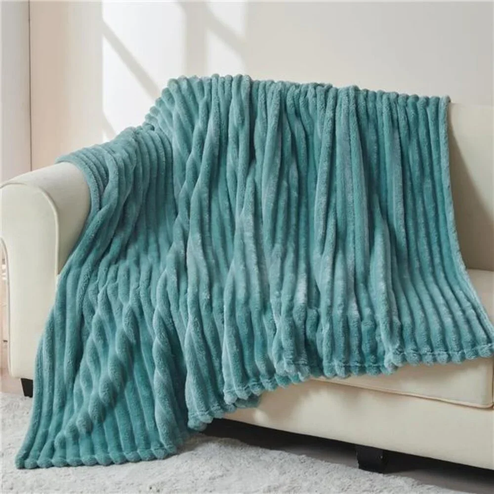 Super Soft Throw Blanket Light Teal Ribbed Premium Silky Flannel Fleece 50